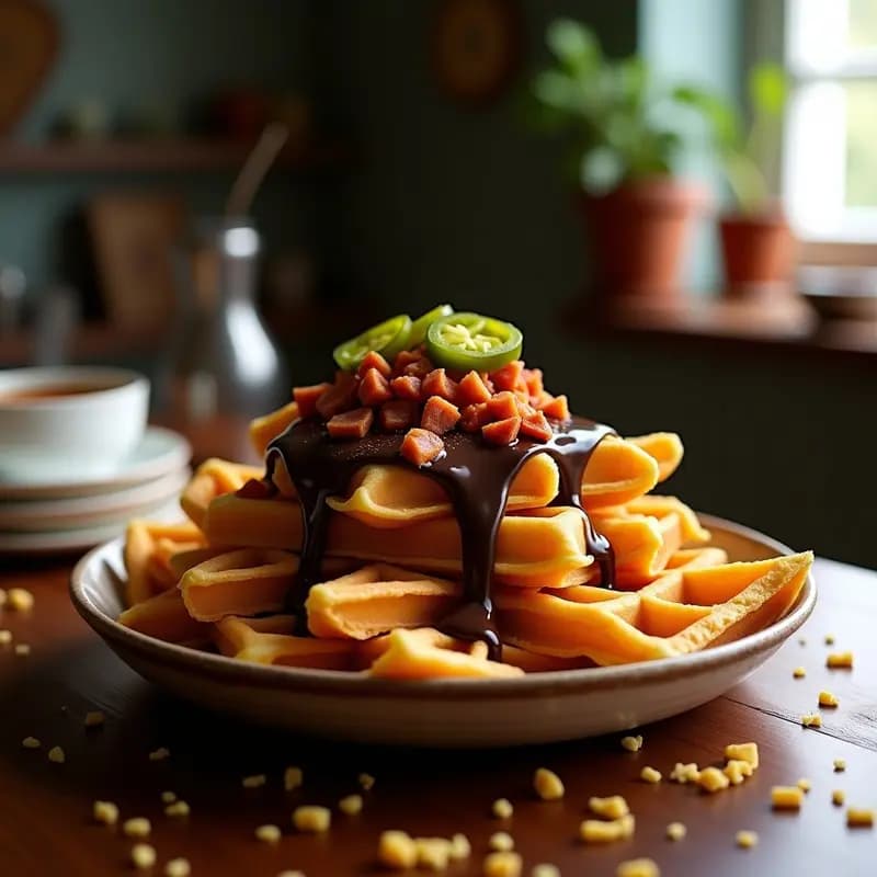 Nachos de Waffles con Queso Nacho, Chorizo y Jalapeños en Salsa de Chocolate: El Postre que No Esperabas