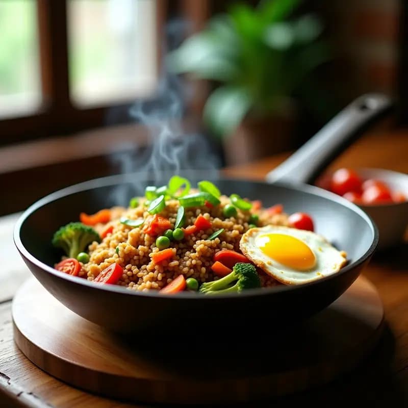 Nasi Goreng de Arroz Integral con Huevo y Verduras: Receta Indonesia Saludable en Wok