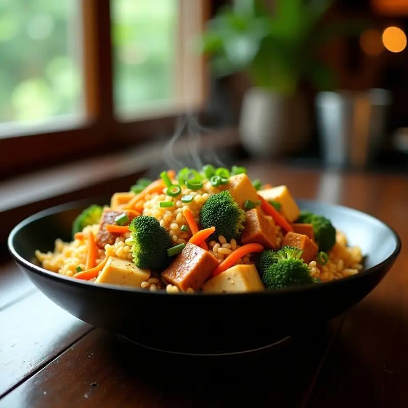 Nasi Goreng con Tempeh y Verduras al Wok: Receta Indonesia Alta en Proteína y Sin Huevos