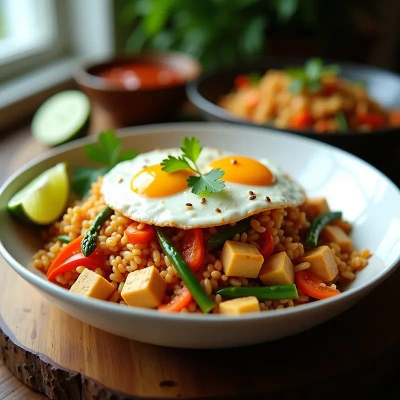 Nasi Goreng de Tofu y Verduras: Receta Indonecia Vegana y Sin Gluten con Huevo Frito