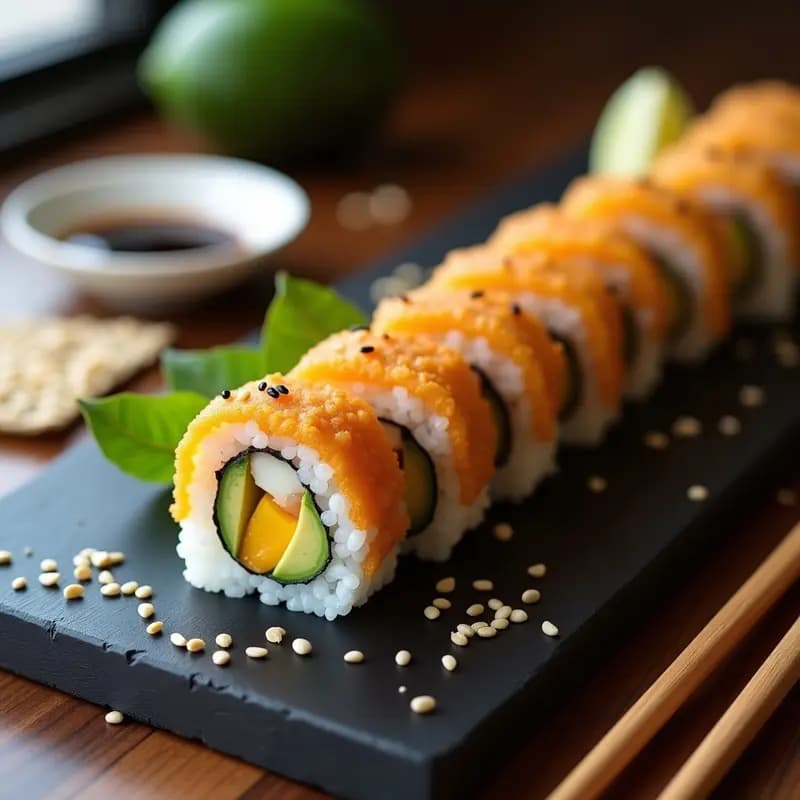 没关系 (No Problem) Roll: Sushi vegano con aguacate, mango y tempura de camote