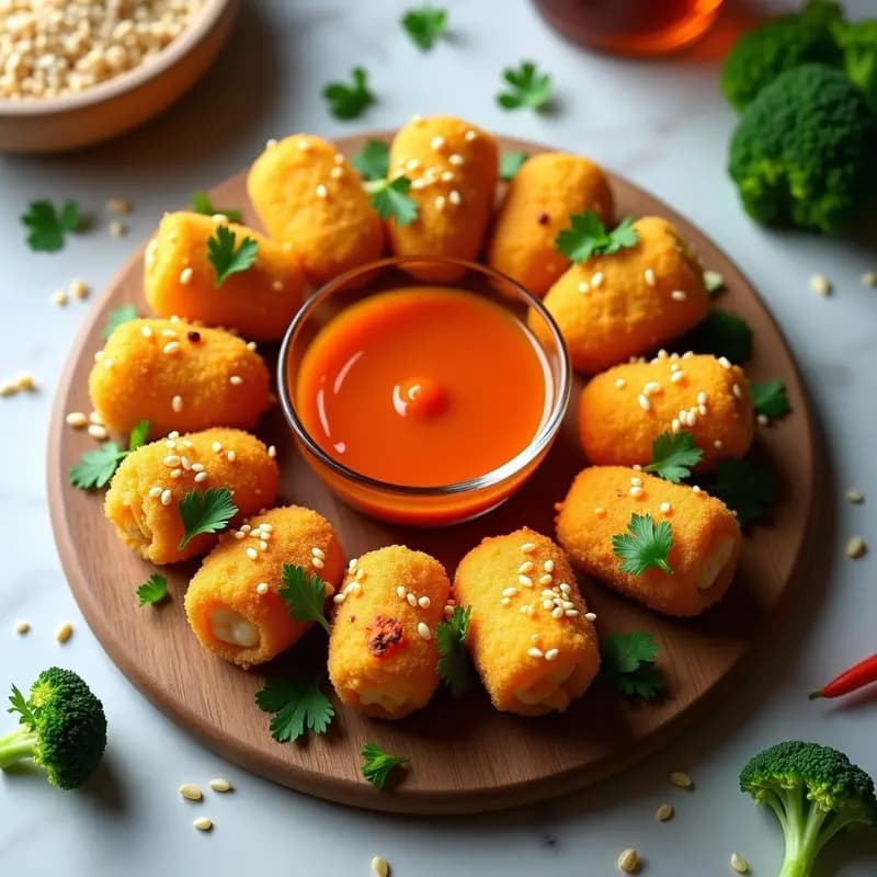 Nuggets de Brócoli y Queso Cheddar con Salsa de Sriracha y Miel: Aperitivo Crujiente para Niños y Adultos