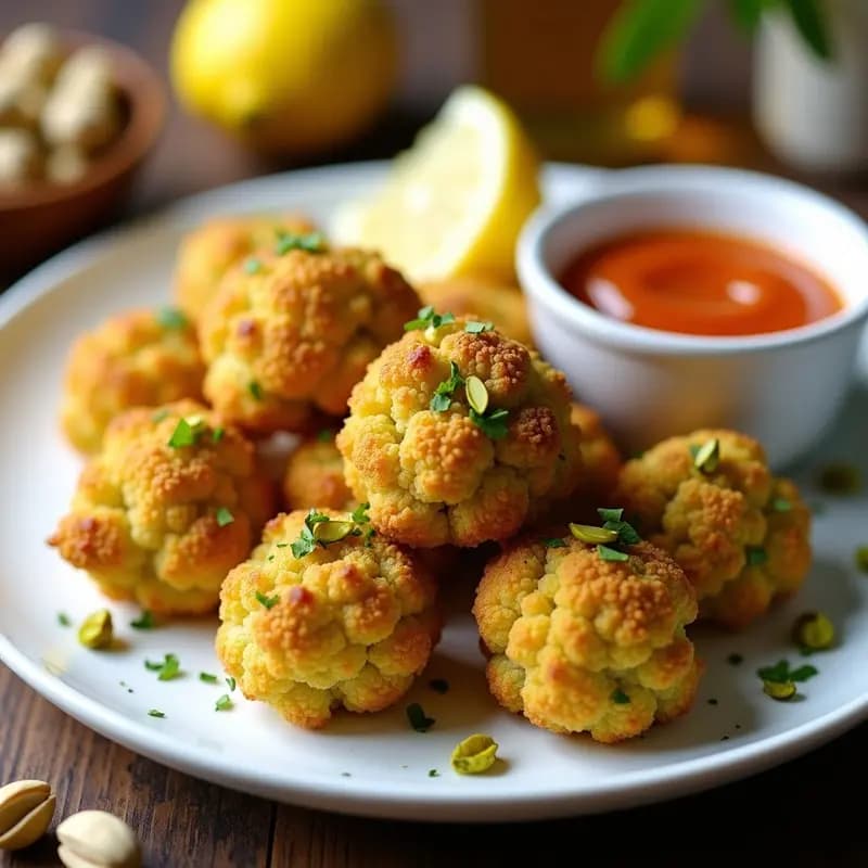 Nuggets de Coliflor con Costra de Pistacho y Salsa de Miel Sriracha: Aperitivo Crujiente y Picante