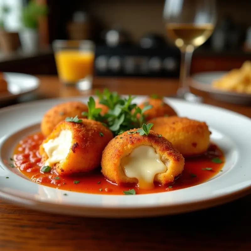 Nuggets de Nuggets: Queso Mozzarella Relleno de Pollo Emapanizado y Frito en Doble Capa