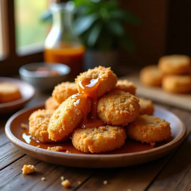 Nuggets de Pollo con Cobertura de Galletas Trituradas y Caramelo Salado: Snack Crujiente y Pegajoso