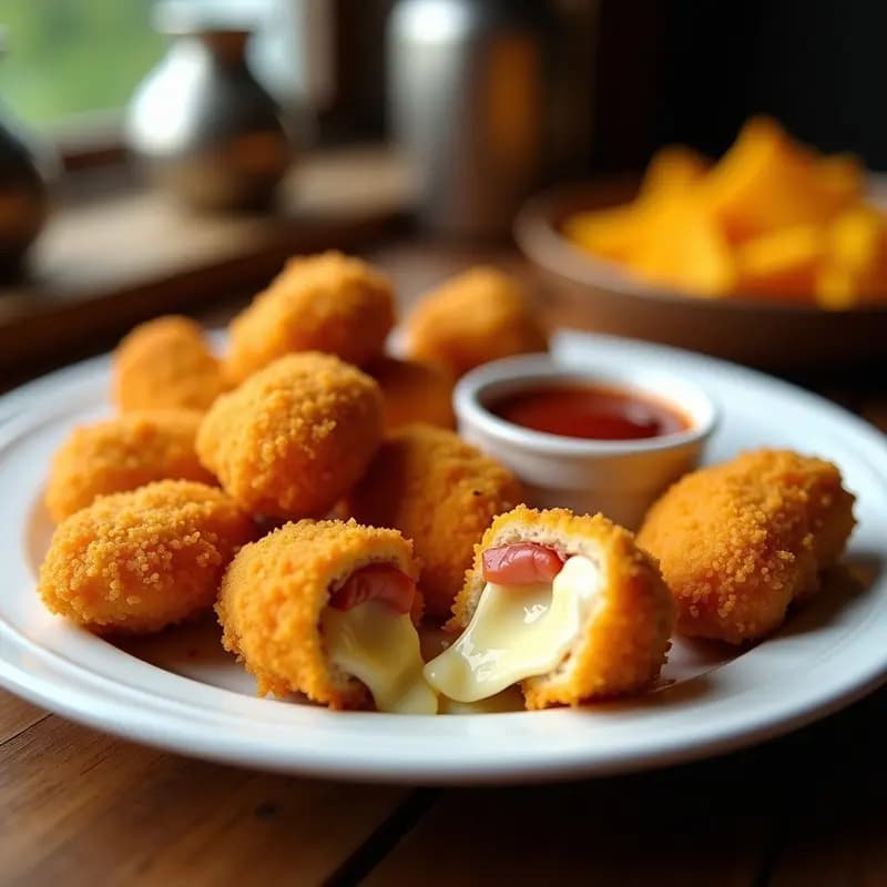 Nuggets de Pollo Rellenos de Queso Mozzarella y Jamón, Empanizados con Pan Molido y Doritos Triturados