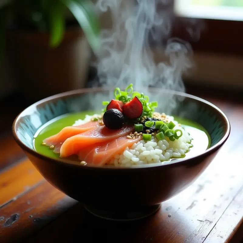 Bずれし (Ochazuke) Japonés: Arroz con Té Verde, Salmón y Umeboshi: Desayuno Tradicional