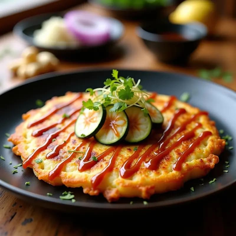 Okonomiyaki de Calabacín y Camarones: Tortilla Japonesa Salada con Salsa Teriyaki