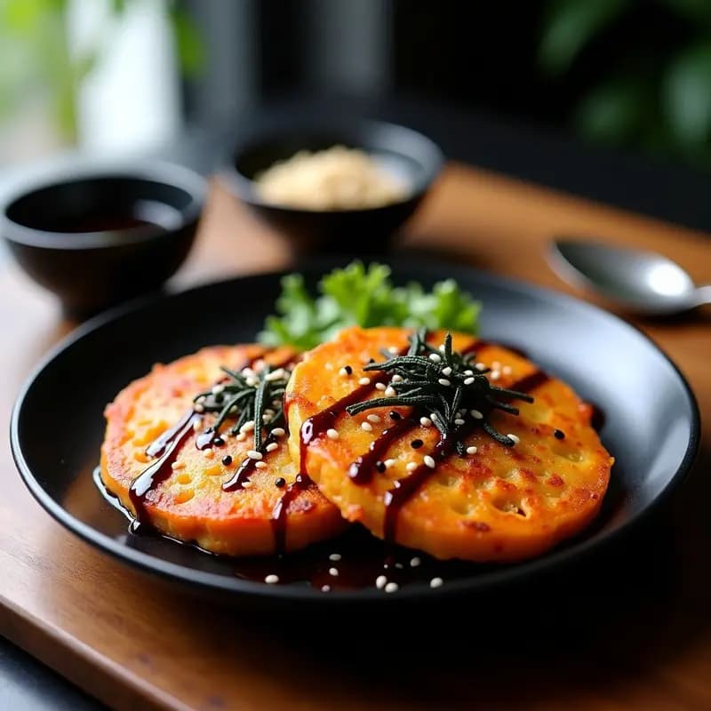 Okonomiyaki de Camote y Repollo con Salsa de Ostras Vegana: Receta Japonesa en Airfryer