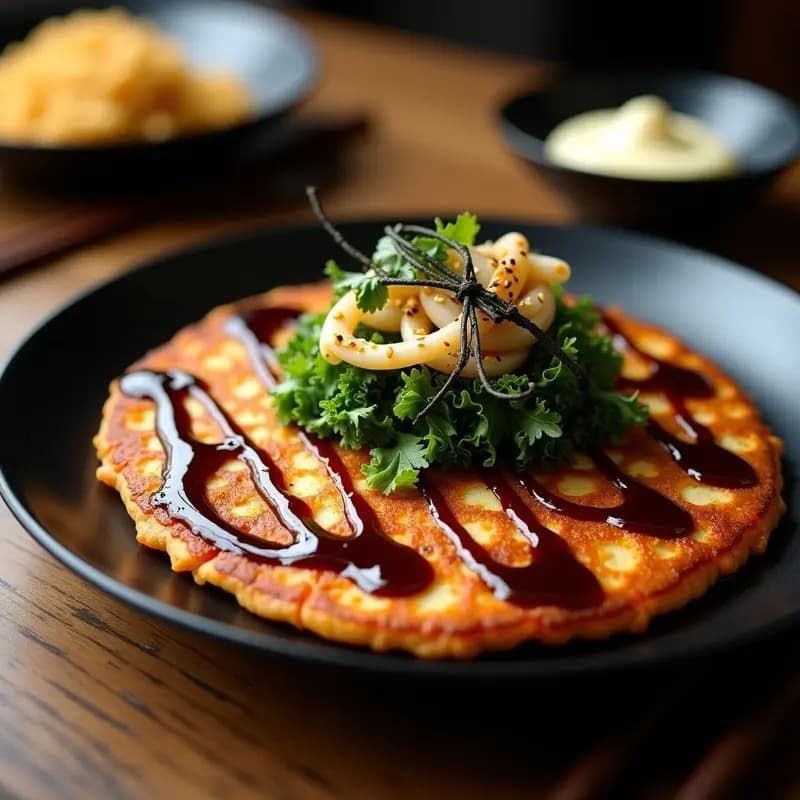 Okonomiyaki Japonés de Col y Calamar con Salsa Teriyaki: Receta Fusión Mar y Tierra
