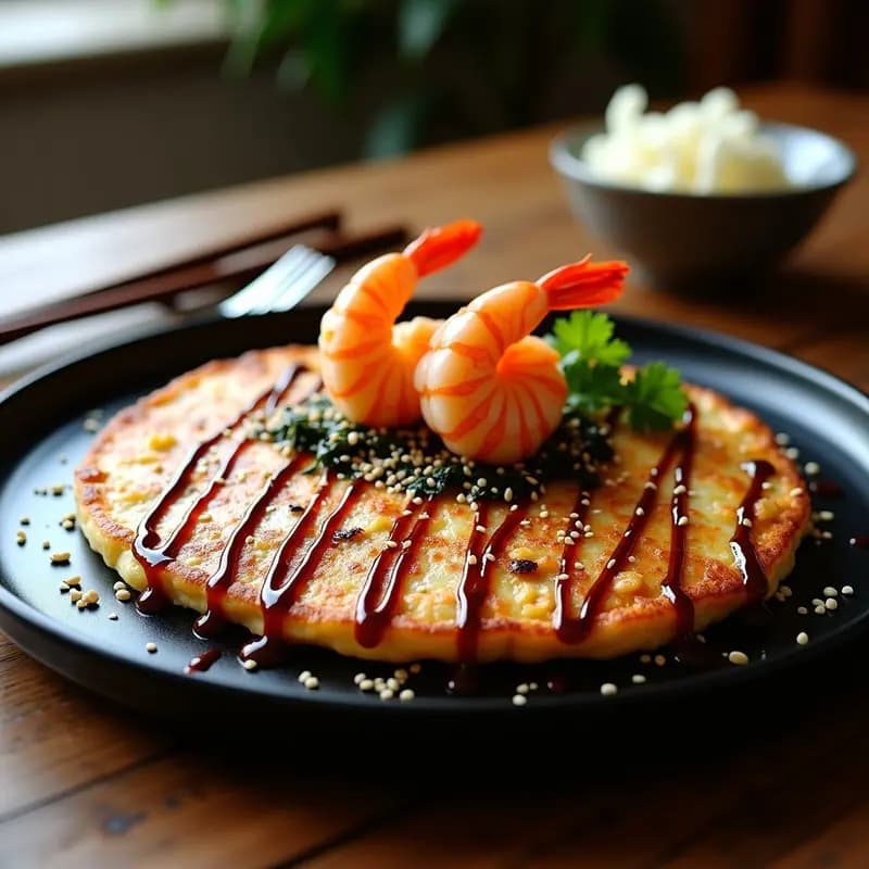 Okonomiyaki de Col y Camarón con Mayonesa Japonesa: Tortilla Japonesa en Plancha