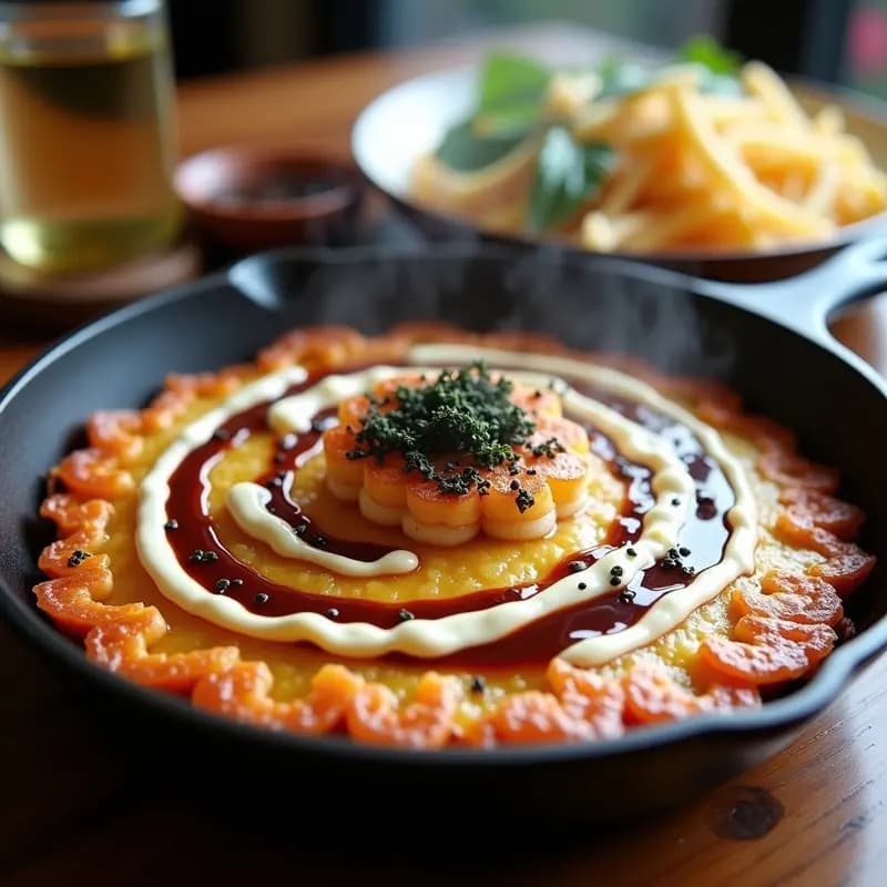 Okonomiyaki de Col y Camarones con Salsa Tonkatsu: Receta Japonesa en Sartén