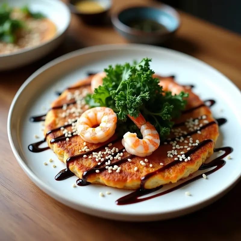 Okonomiyaki Japonés de Col Rizada y Camarones: Receta en Sartén Sin Harina de Trigo
