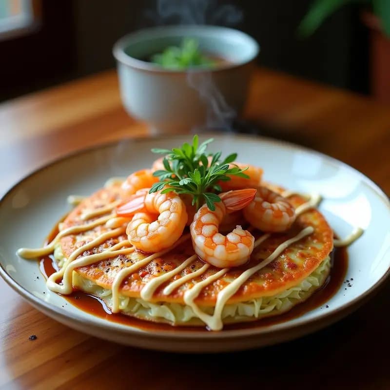 Okonomiyaki Japonés de Col Repollo y Camarones: Receta Tradicional con Salsa Umami
