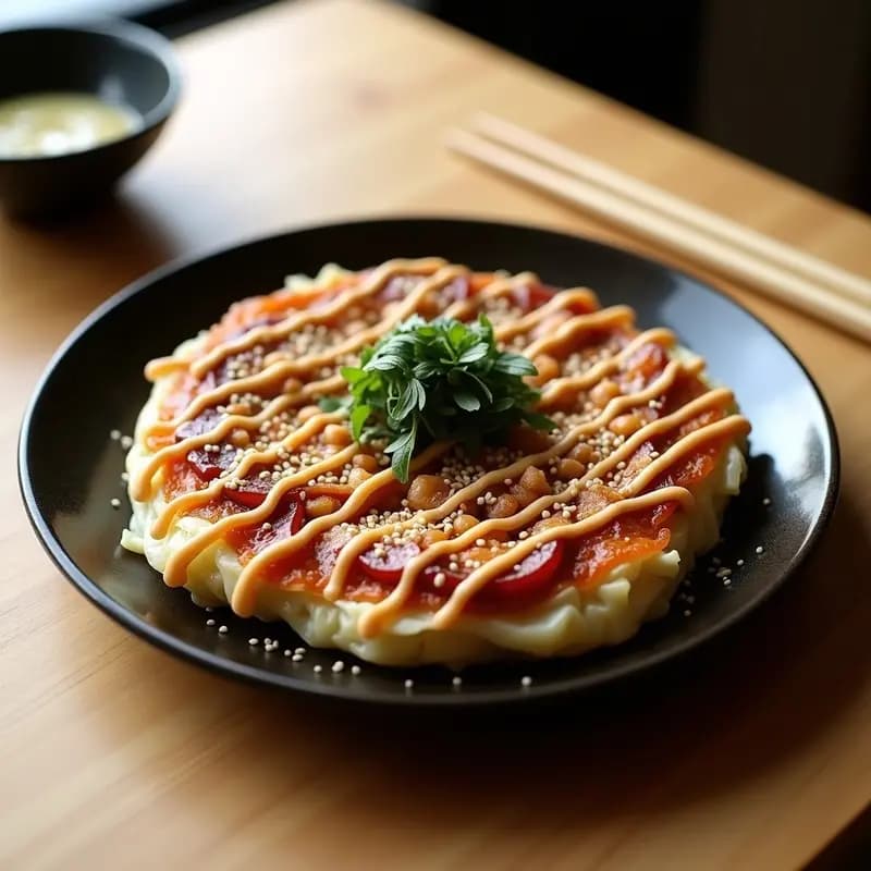 Okonomiyaki Japonés: Tortilla de Col Rellena con Cerdo y Salsa Umami