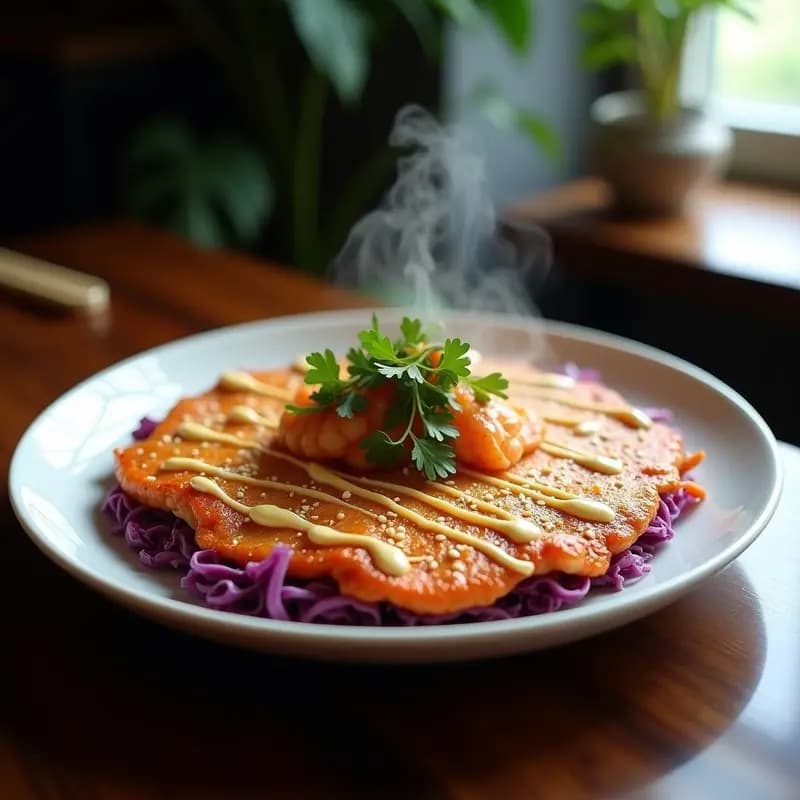Okonomiyaki de Col Morada y Camarones: Receta Japonesa Versátil y Colorida