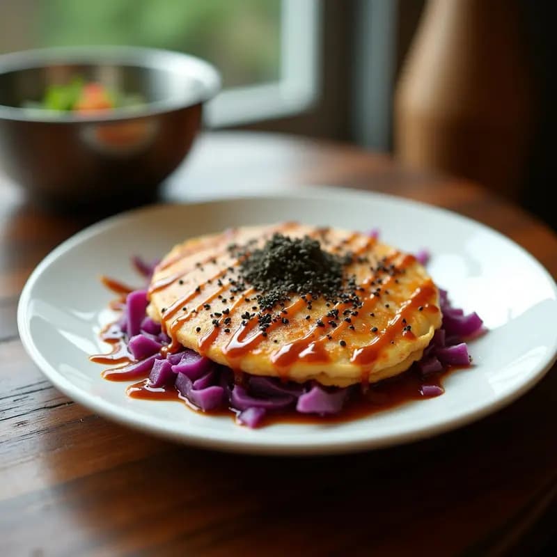 Okonomiyaki Japónes con Col Morada y Camarones: Crepe Salado en Sartén