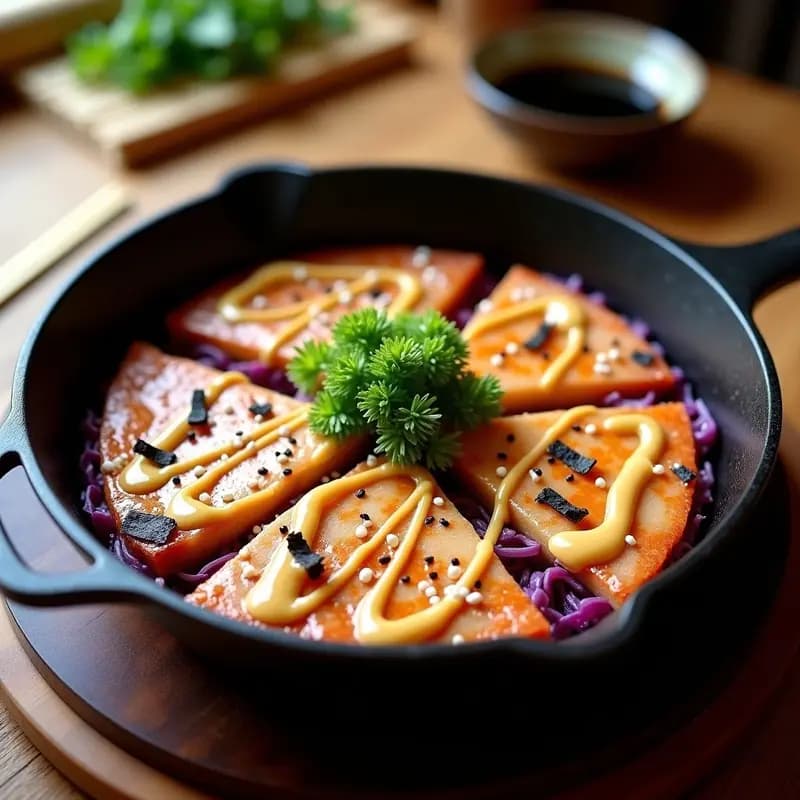 Okonomiyaki de Col Morada y Cerdo con Mayonesa Japonesa: Receta en Sartén en 20 minutos