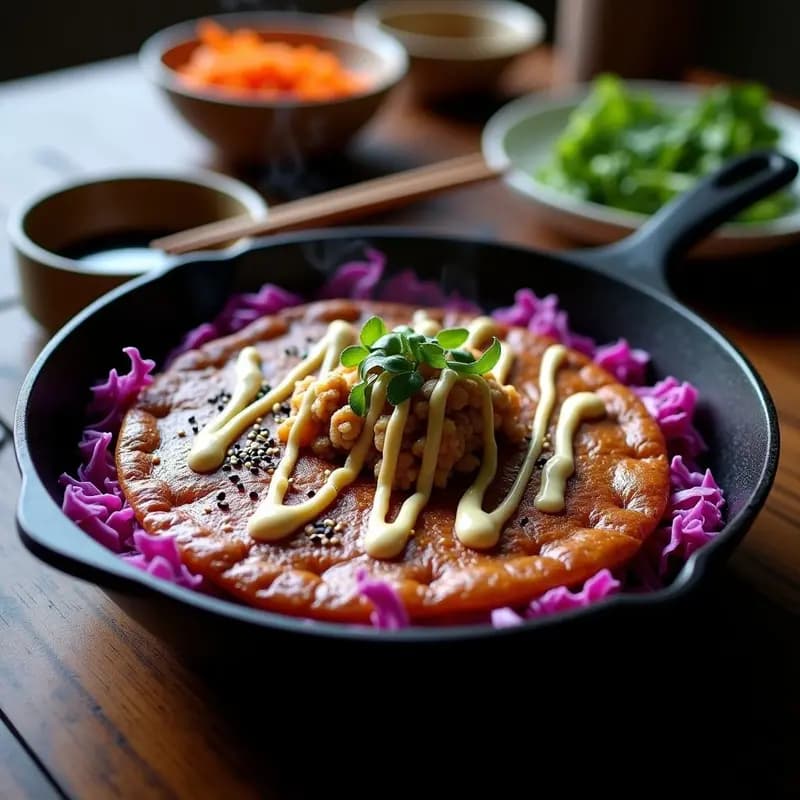 Okonomiyaki Japonés de Col Morada y Champiñones: Tortilla Salada Sin Harina en Sartén