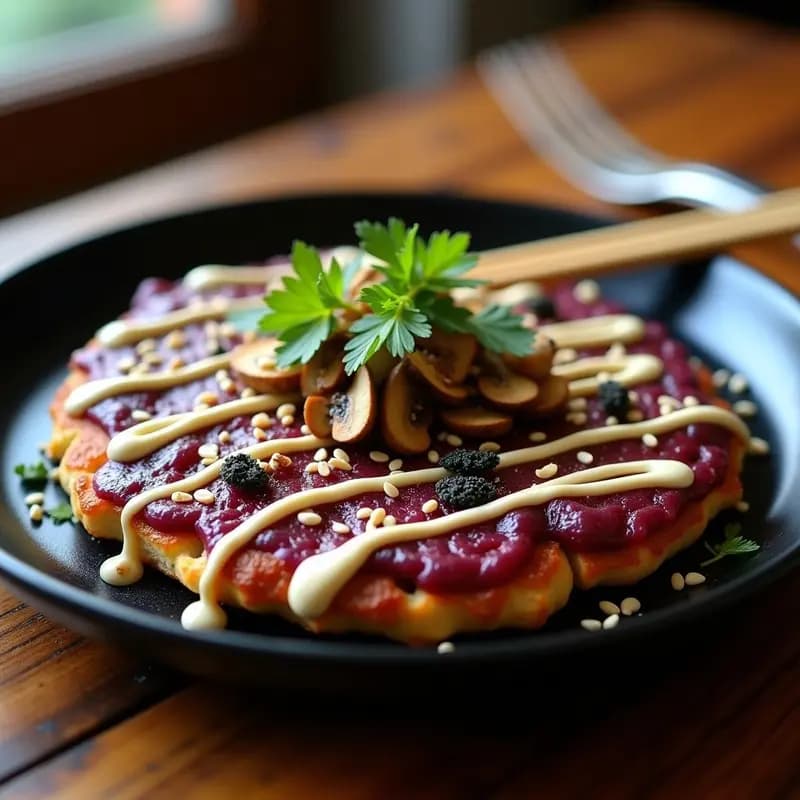 Okonomiyaki de Col Morada y Champiñones: Receta Japonesa Vegana con Salsa Okonomi y Mayo Vegana