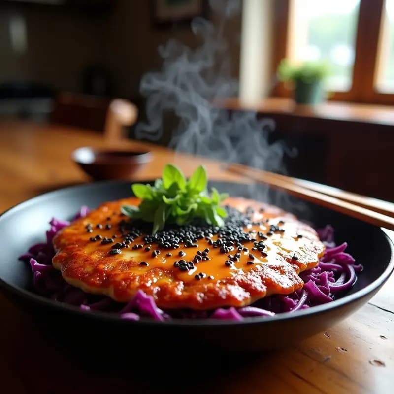 Okonomiyaki Japonés con Col Morada y Salsa Umami: Receta en Sartén y Vegana