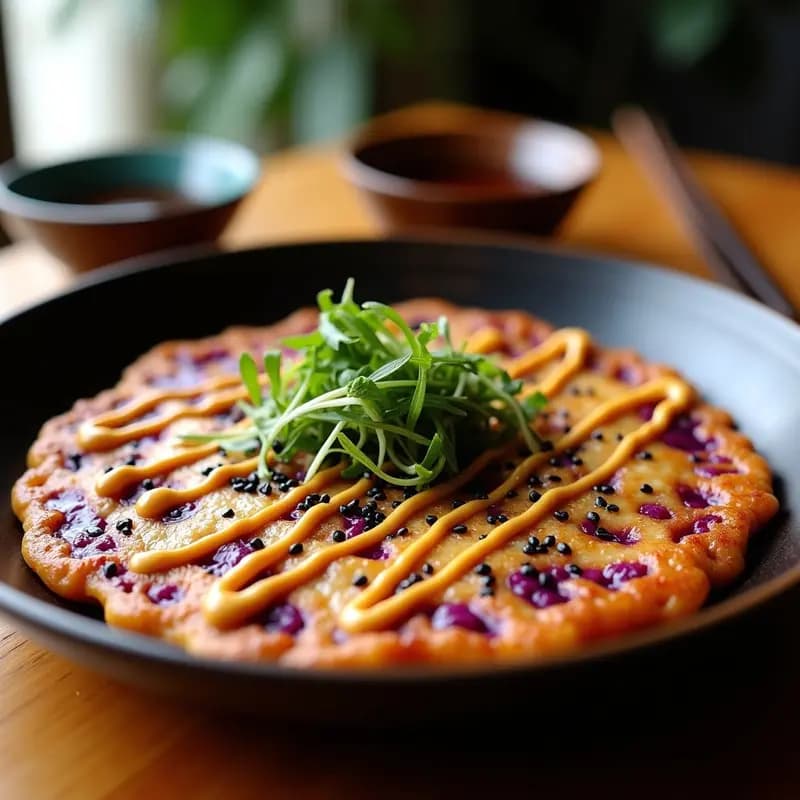 Okonomiyaki Japonés con Col Morada y Salsa Teriyaki: Panqueque Salado en 15 Minutos