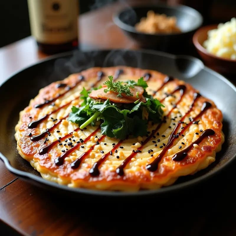 Okonomiyaki de Col Rizada y Cerdo: Receta Japonesa de Panqueque Salado con Salsa Umami