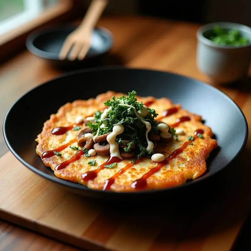 Okonomiyaki Japonés de Col Rizada y Champiñones: Receta de Osaka en Sartén Antiadherente