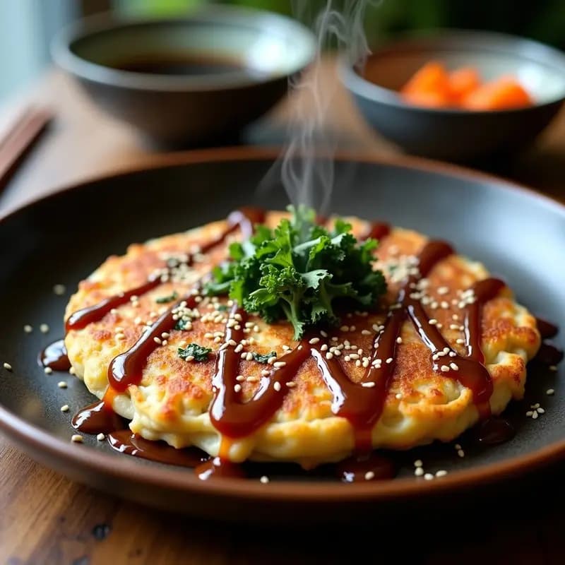 Okonomiyaki Japonés de Col Rizada y Champiñones: Receta Vegana con Salsa Tonkatsu