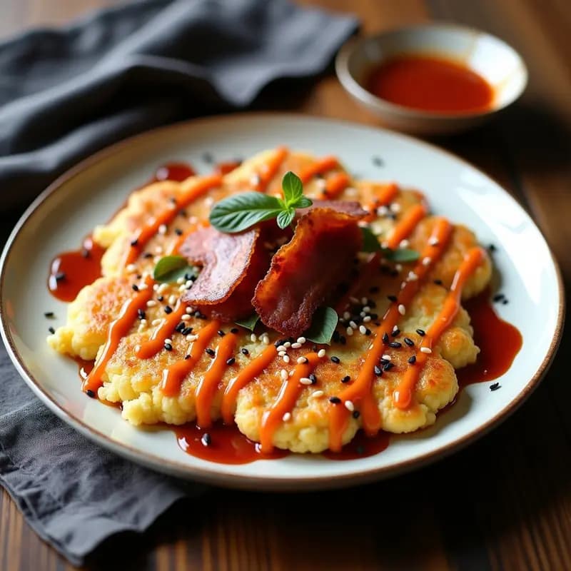 Okonomiyaki de Coliflor y Bacon Vegano: Receta Japonesa en Sartén con Salsa Umami