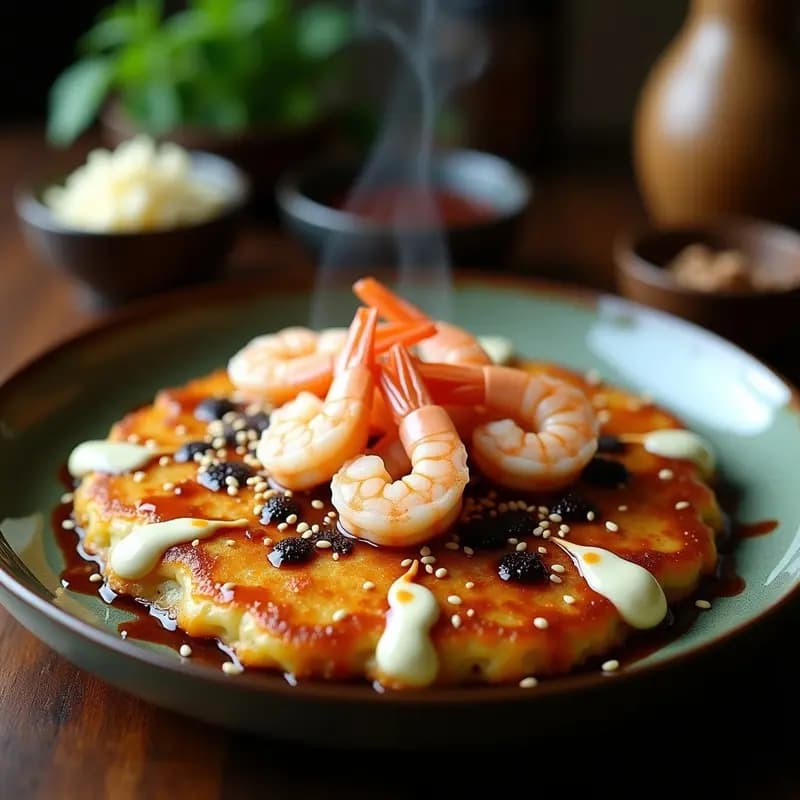 Okonomiyaki de Coliflor y Camarones: Receta Japonesa Keto con Salsa Okonomi y Mayo