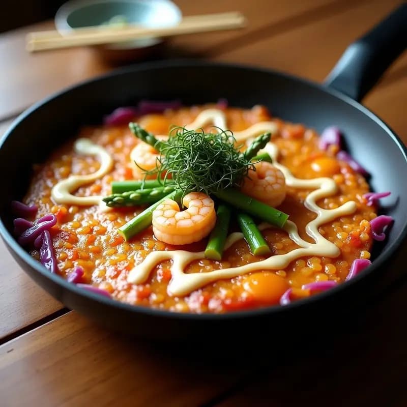 Okonomiyaki de Espárragos y Camarones: Receta Japonesa Sabrosa en Sartén Antiadherente