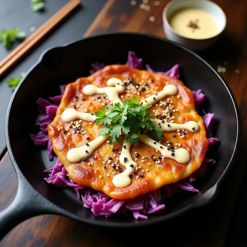 Okonomiyaki Holandés con Repollo Morado y Mayonesa Umami: Receta Japonesa Versátil en Sartén