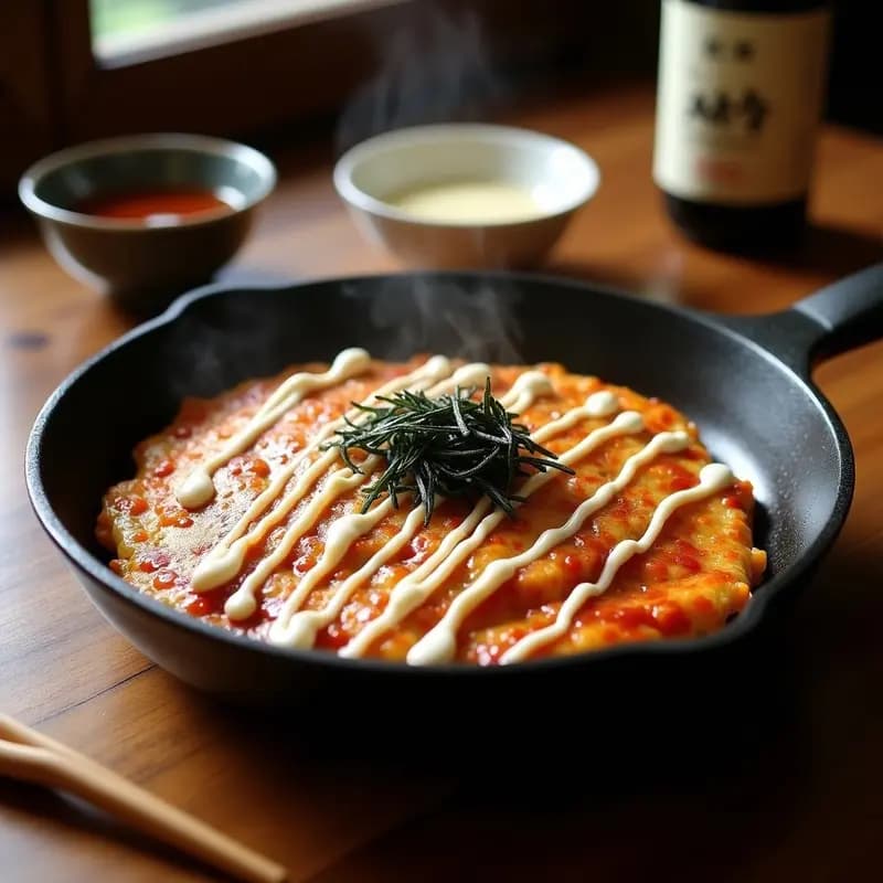 Okonomiyaki Japonés con Col, Cerdo y Salsa Okonomi: Receta Salada en Sartén