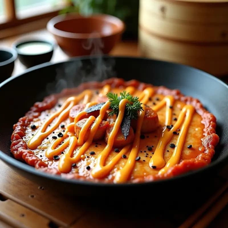 Okonomiyaki de Kimchi y Cerdo: Tortilla Japonesa Picante en Sartén