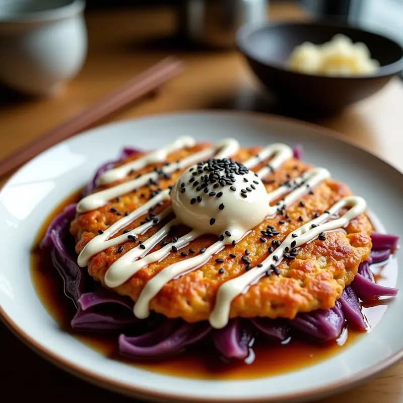Okonomiyaki con Repollo Morado y Salsa Tonkatsu: Receta Japonesa en Airfryer y Sin Harina