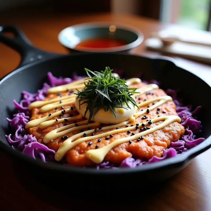 Okonomiyaki de Repollo Morado y Calamar: Receta Japonesa con Toque Gourmet en Sartén