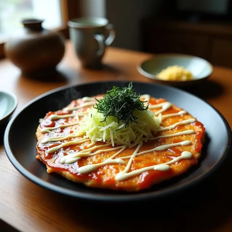Okonomiyaki Japonés de Repollo y Camarón: Tortilla Tradicional en Sartén