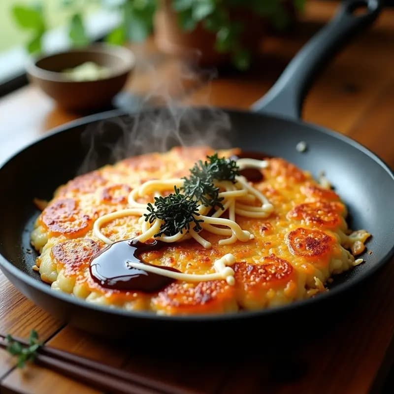Okonomiyaki Japonés de Repollo y Camarones: Receta Versátil y Sabrosa en Sartén