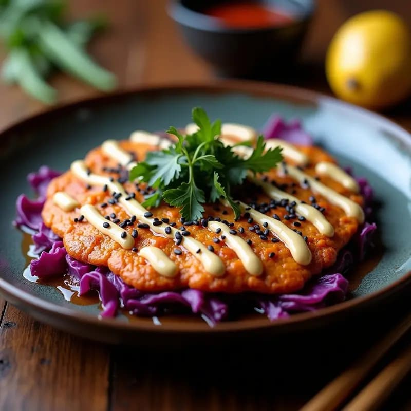 Okonomiyaki de Repollo Morado y Camote: Receta Japonesa Vegana y Sin Harina en Sartén