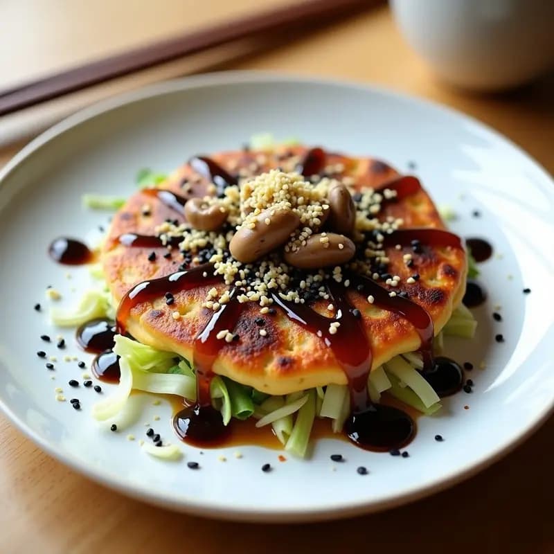 Okonomiyaki de Repollo y Champiñones: Tortilla Japonesa Vegana con Salsa Umami
