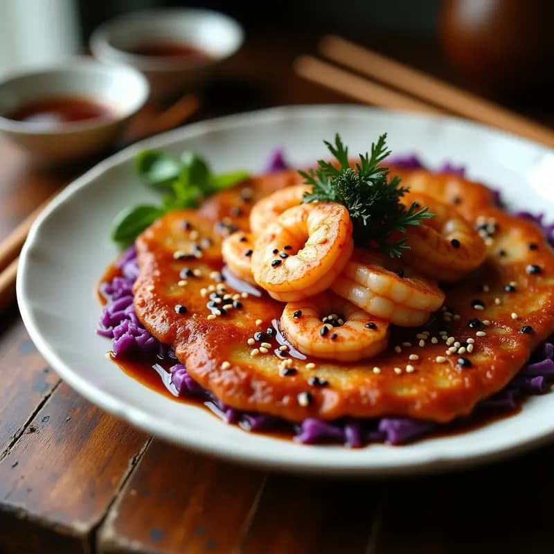 Okonomiyaki de Repollo Morado y Camarones: Tortita Japonesa Saludable con Salsa Umami