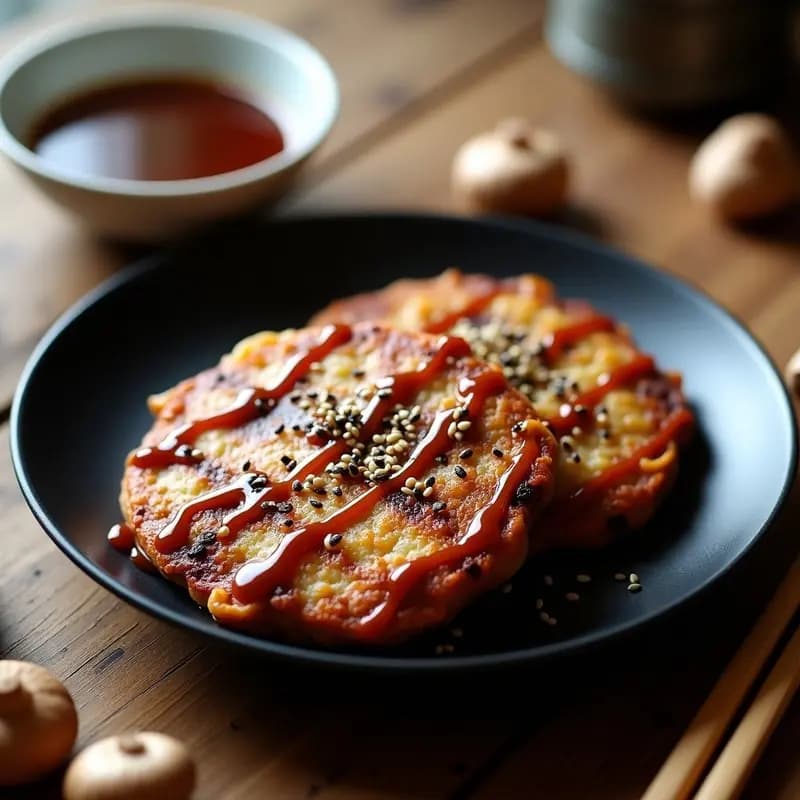 Okonomiyaki de repollo morado y shiitake: Receta japonesa salada con salsa okonomiyaki vegana