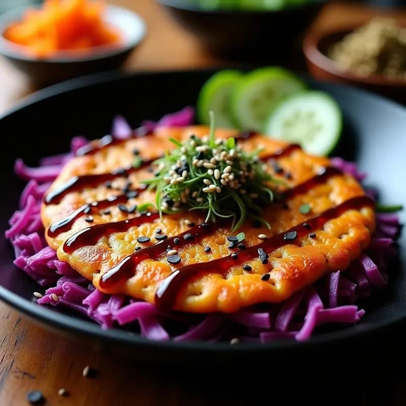 Okonomiyaki Japonés con Repollo Morado y Salsa Umami: Receta Vegana y Sin Gluten