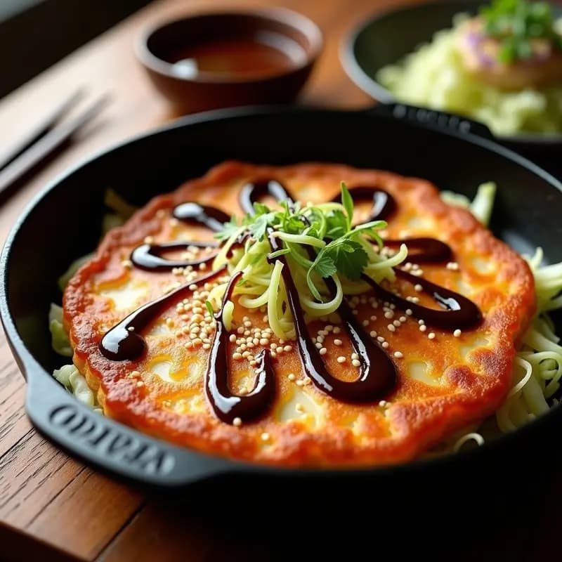 Okonomiyaki Japonés con Repollo y Salsa Umami: Panqueque Salado Vegano