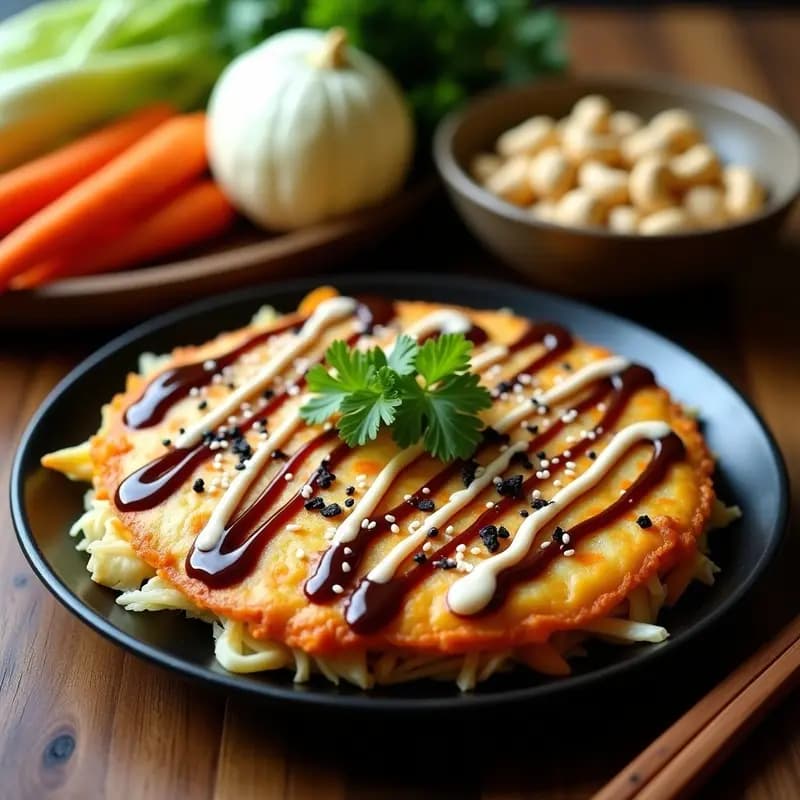 Okonomiyaki Japonés Vegano: Tortilla de Col con Toppings de Salsa Okonomiyaki y Mayo de Anacardos