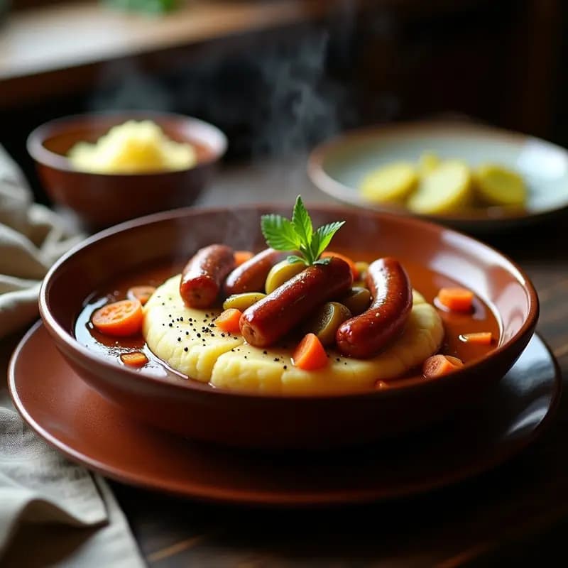 Okrejok de Salchicha Ahumada y Puré de Patatas: Receta Rusa en Olla Lenta