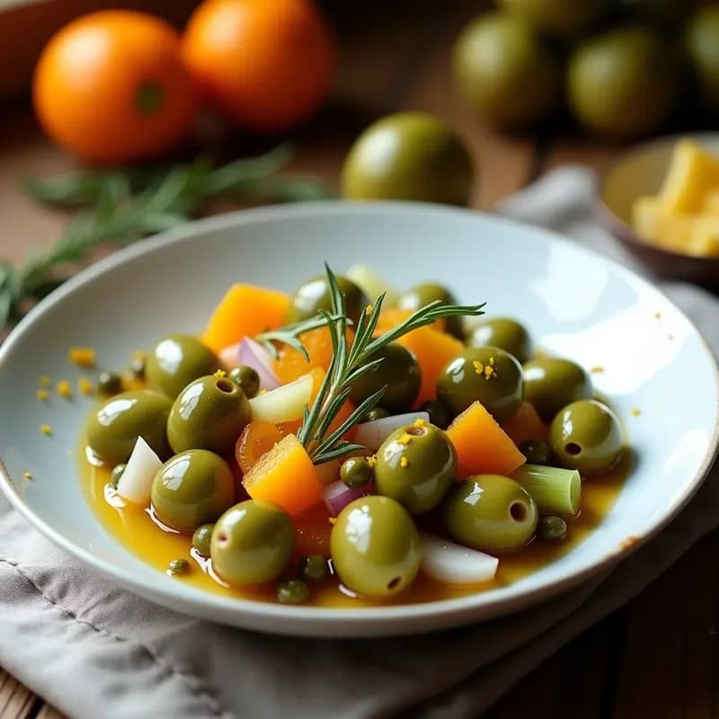 Olives all’Aschera con Naranjas y Hierbas: Aperitivo Siciliano Sin Cocción