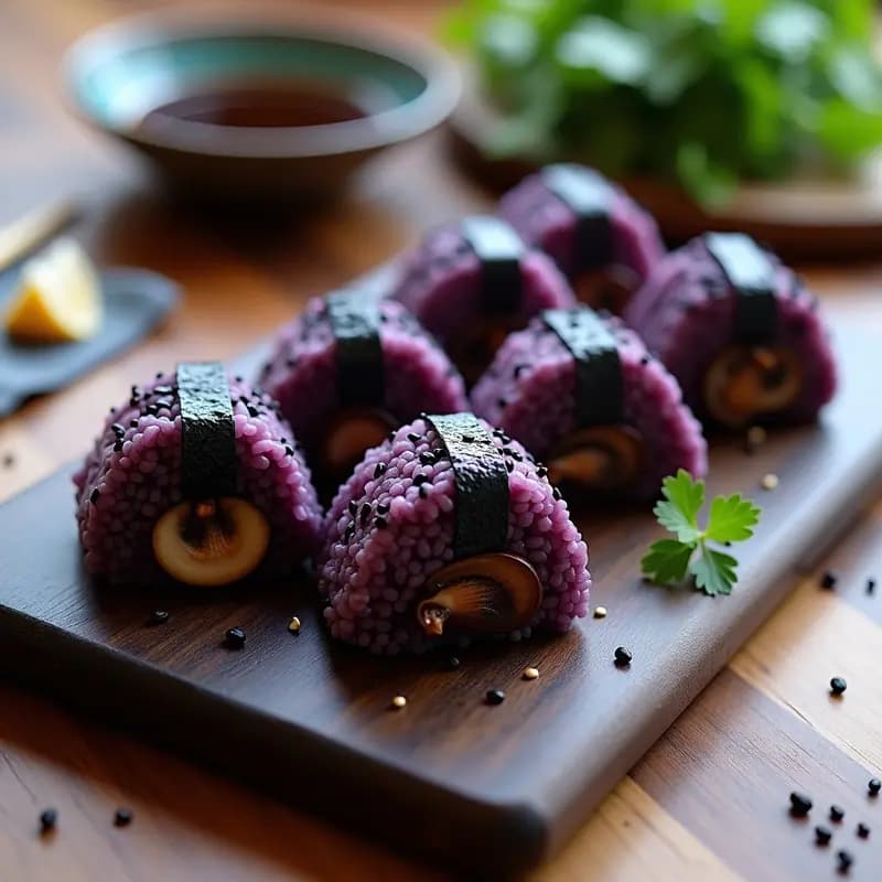 Onigiri de Arroz Morado y Champiñones Shitake: Receta Japonesa Vegana y Sin Gluten