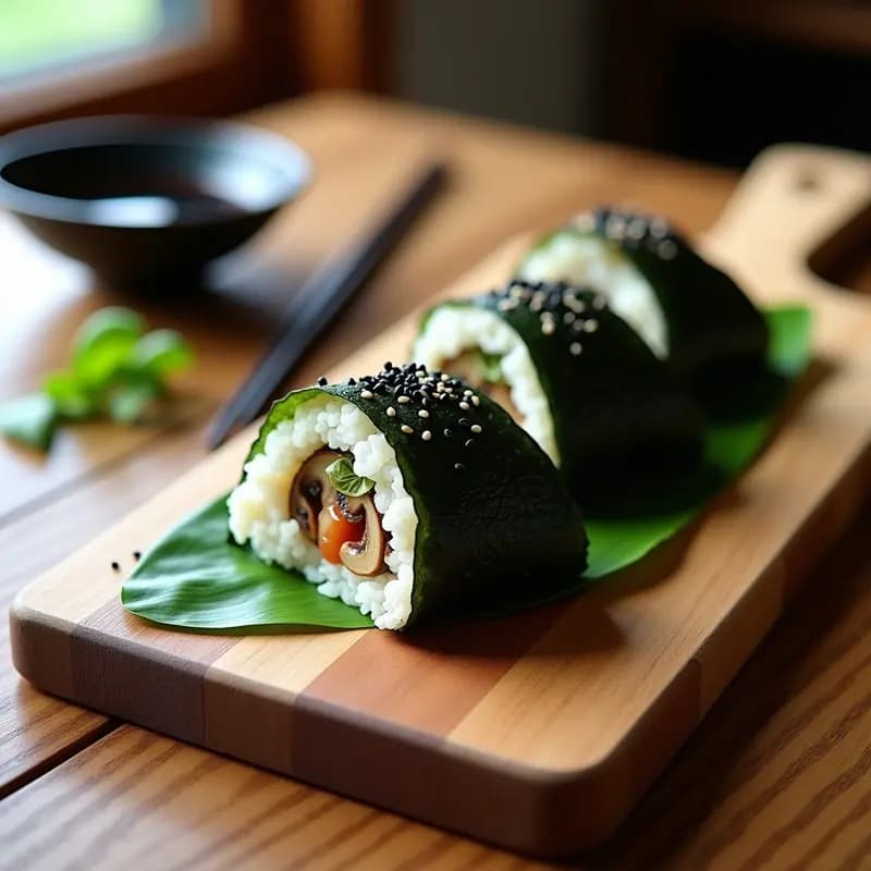 Onigiri de Champiñones y Umeboshi: Receta Japonesa Vegana con Algas Nori y Sésamo Negro